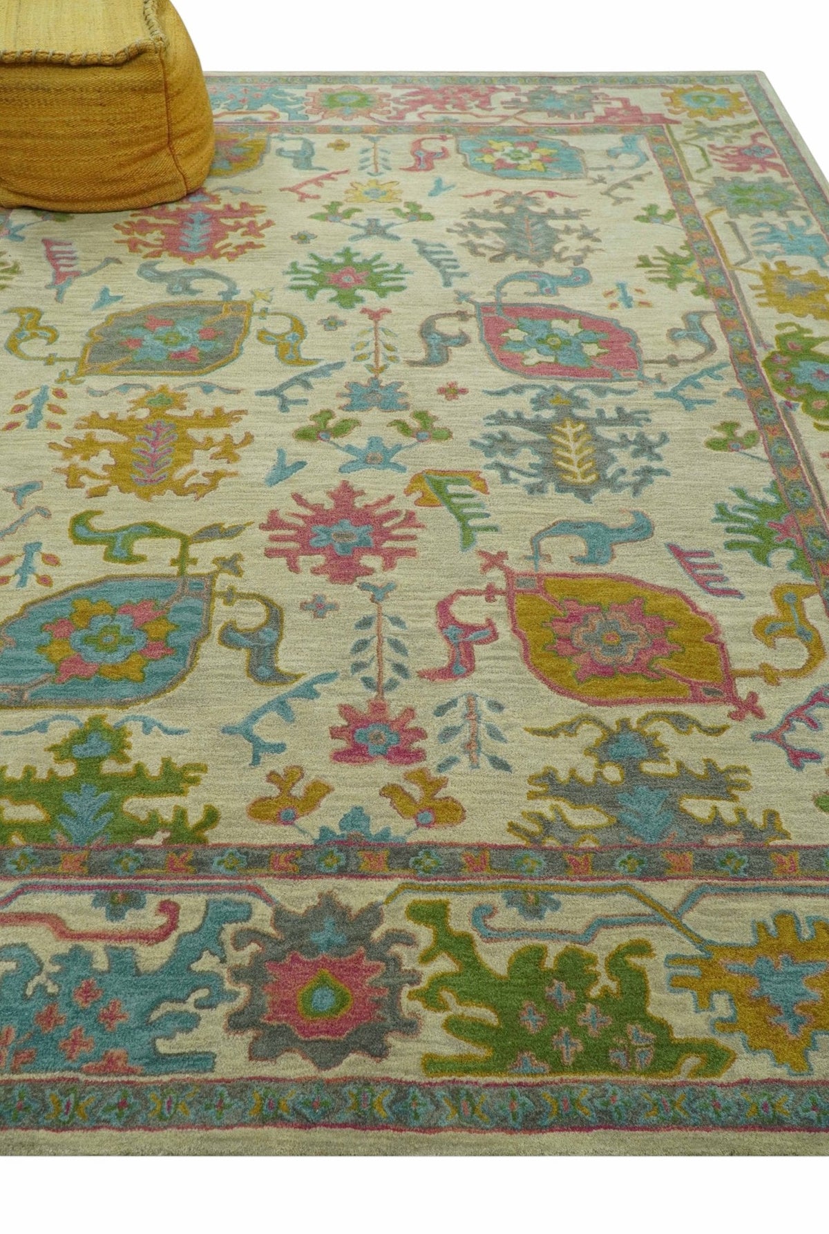 Custom Made Beige And Green Traditional Oushak Design Hand Tufted Wool Rug.