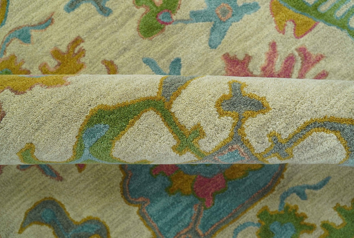 Custom Made Beige And Green Traditional Oushak Design Hand Tufted Wool Rug.
