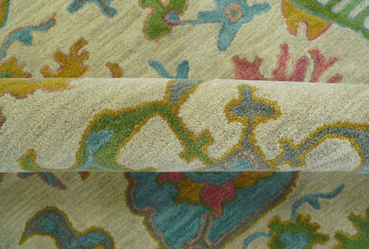 Custom Made Beige And Green Traditional Oushak Design Hand Tufted Wool Rug.