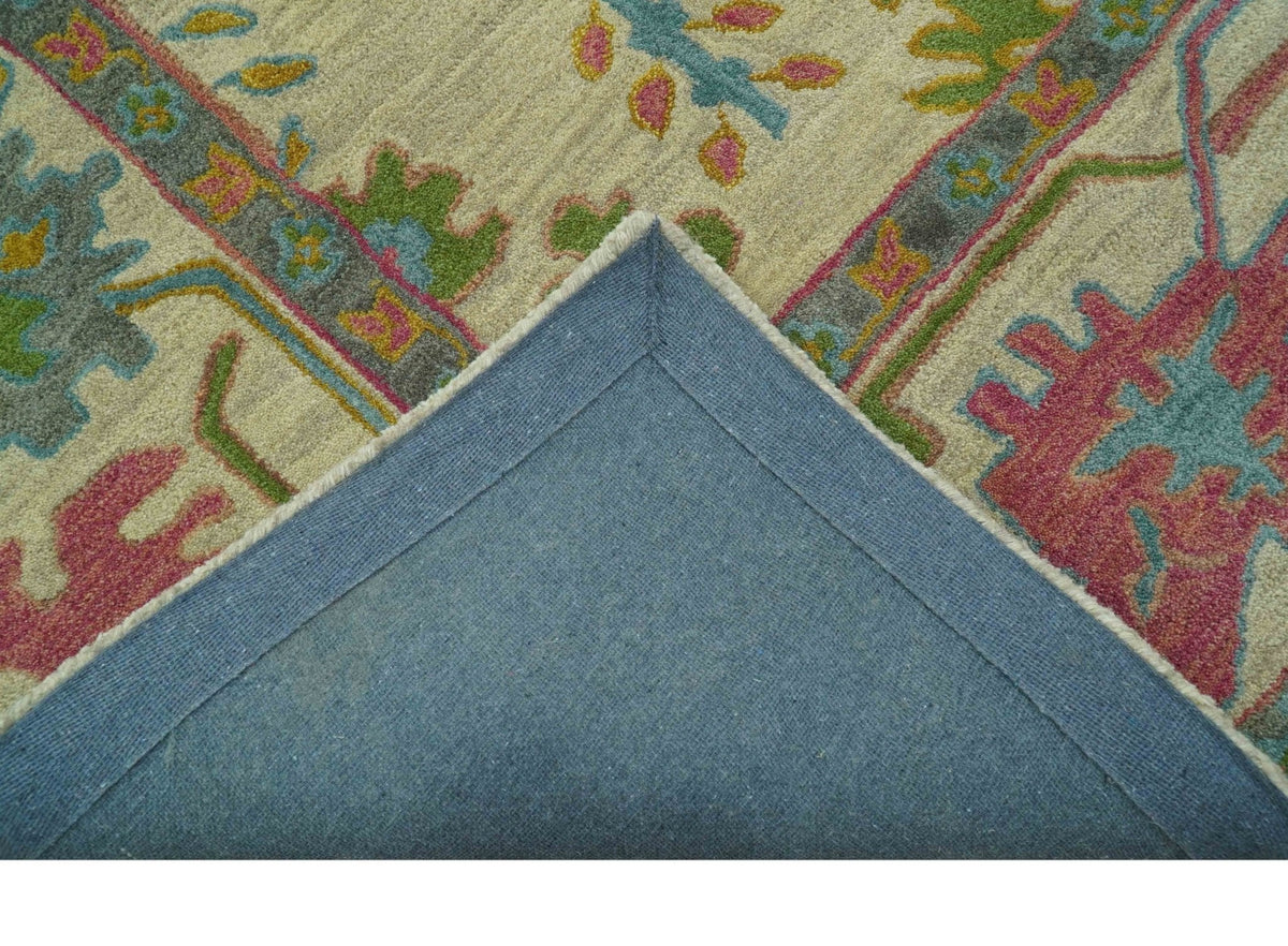 Custom Made Beige And Green Traditional Oushak Design Hand Tufted Wool Rug.
