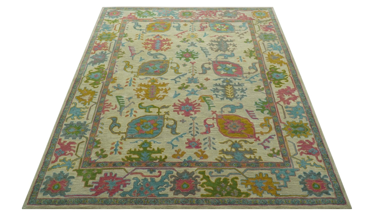 Custom Made Beige And Green Traditional Oushak Design Hand Tufted Wool Rug.