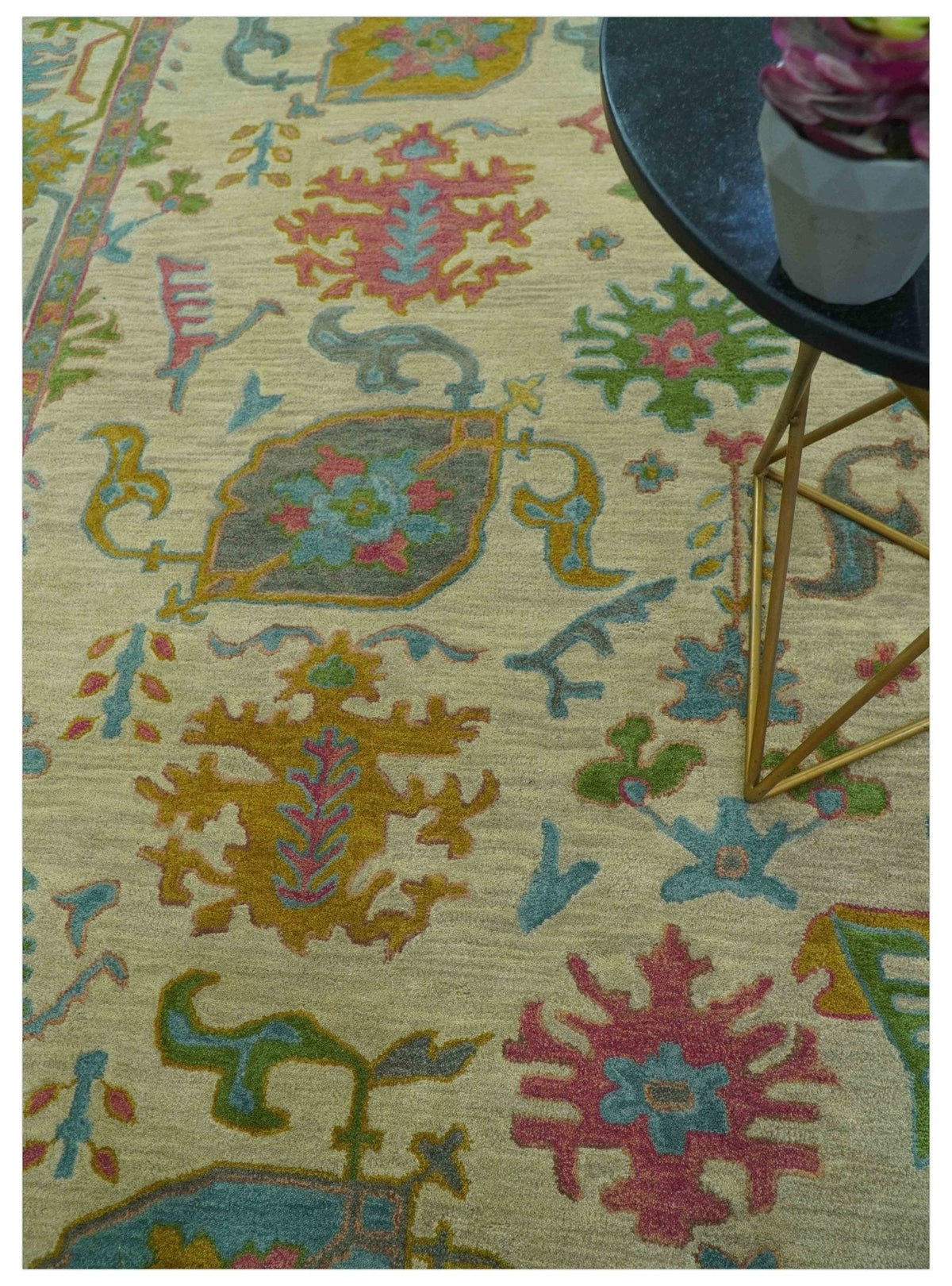 Custom Made Beige And Green Traditional Oushak Design Hand Tufted Wool Rug.