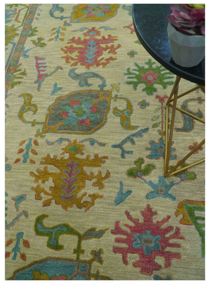 Custom Made Beige And Green Traditional Oushak Design Hand Tufted Wool Rug.