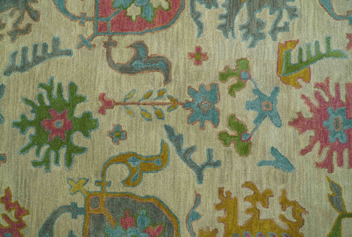 Custom Made Beige And Green Traditional Oushak Design Hand Tufted Wool Rug.