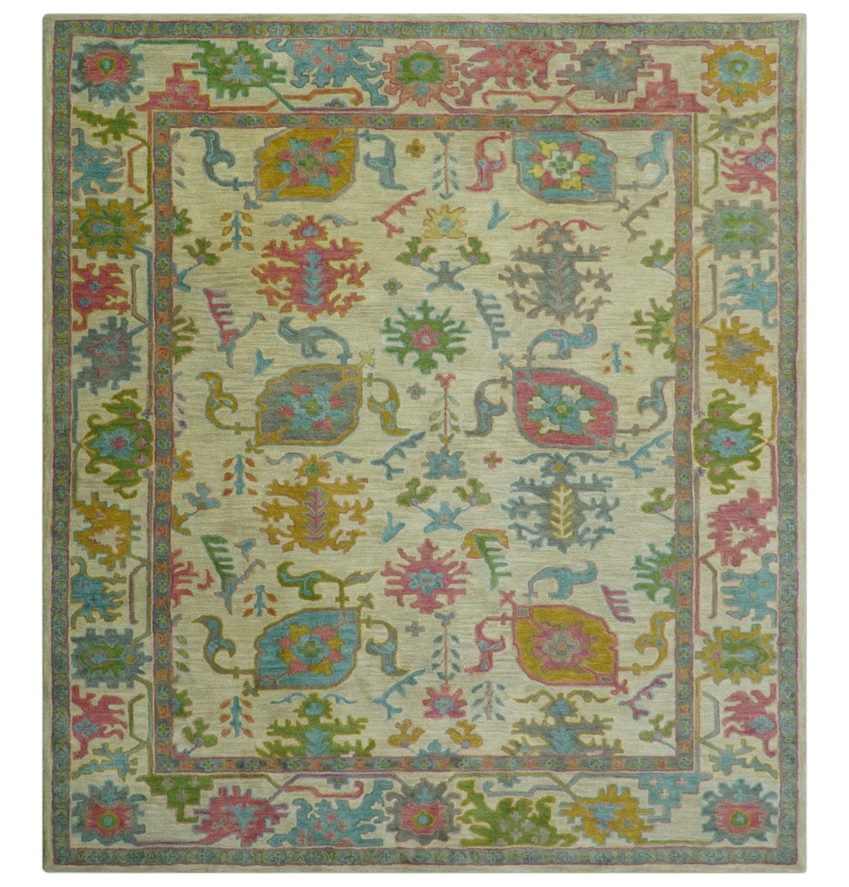 Custom Made Beige And Green Traditional Oushak Design Hand Tufted Wool Rug.
