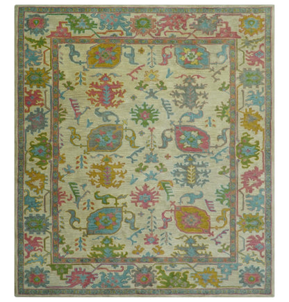 Custom Made Beige And Green Traditional Oushak Design Hand Tufted Wool Rug.
