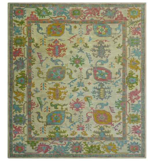 Custom Made Beige And Green Traditional Oushak Design Hand Tufted Wool Rug.