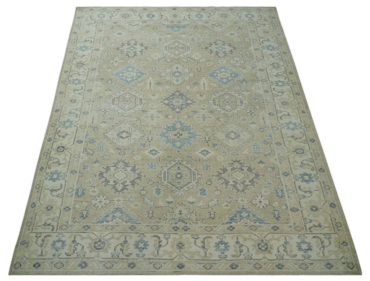 Custom Made Beige and Ivory Hand knotted Traditional Oushak wool Area Rug.