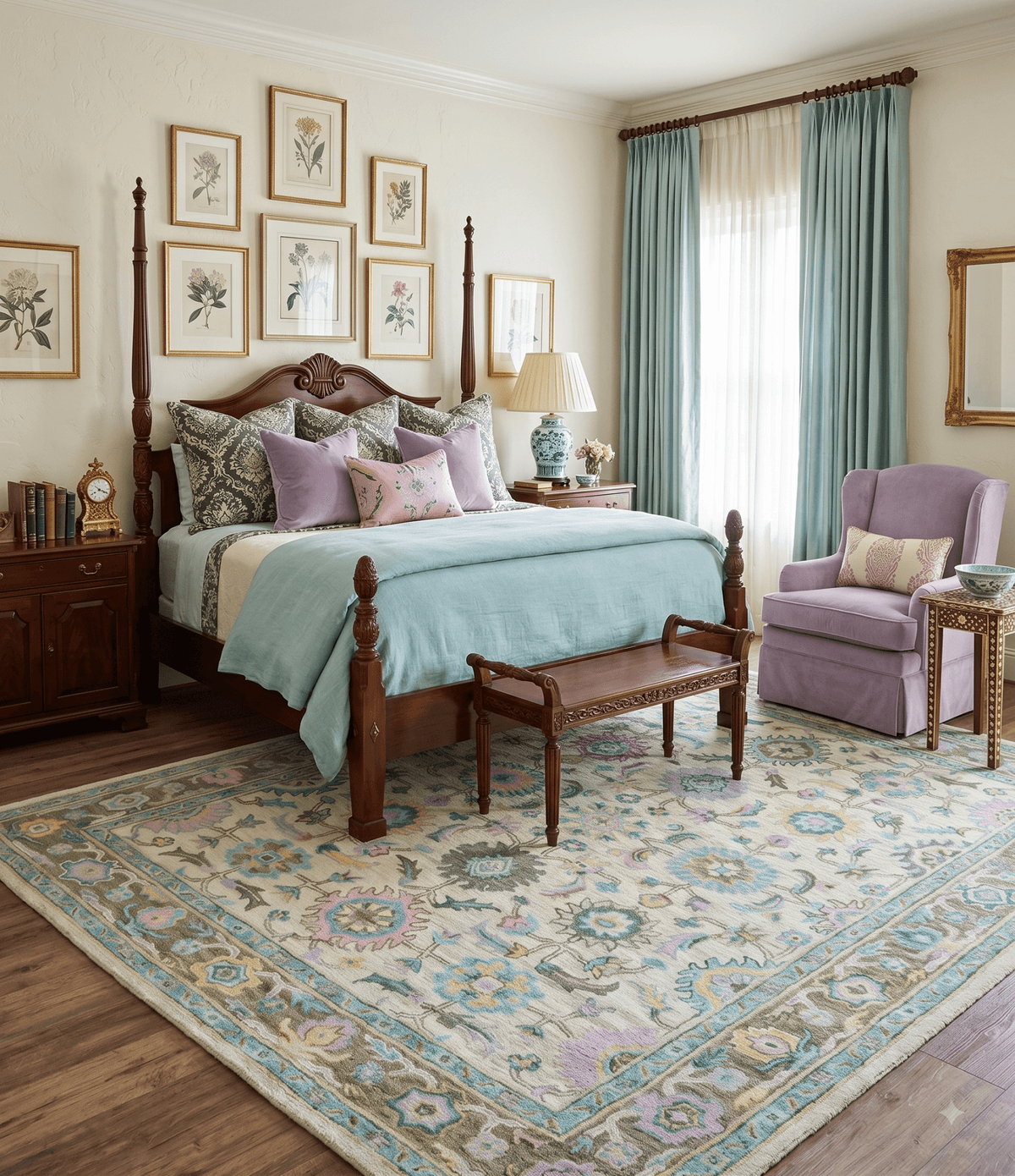 Custom Made Beige, Blue and Purple Traditional Floral Hand Tufted wool rug.