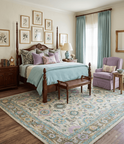 Custom Made Beige, Blue and Purple Traditional Floral Hand Tufted wool rug.