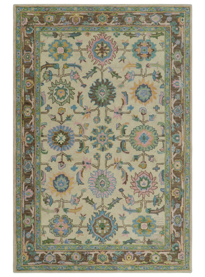 Custom Made Beige, Blue and Purple Traditional Floral Hand Tufted wool rug.