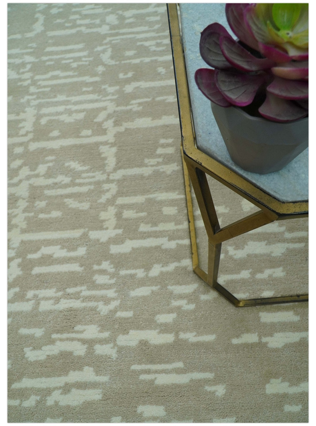 Custom Made Beige Modern Contemporary Hand Knotted Wool Area Rug.
