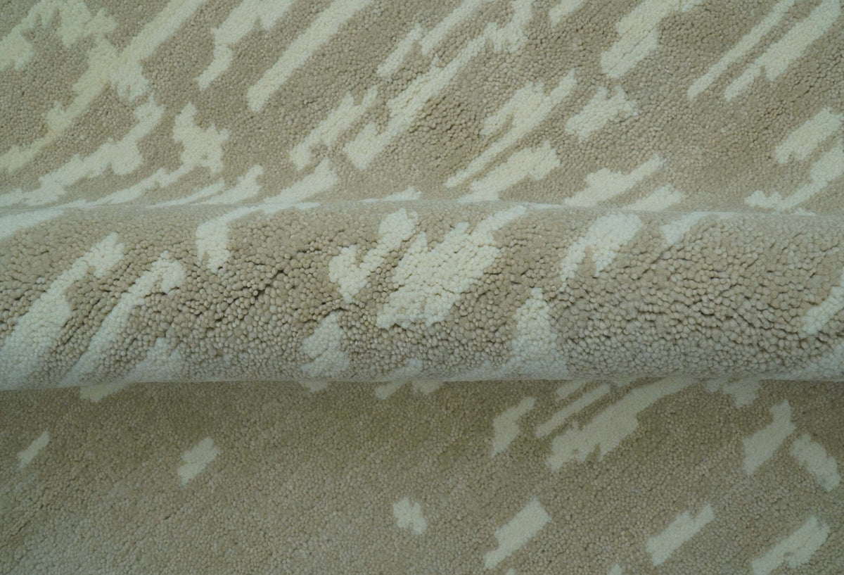 Custom Made Beige Modern Contemporary Hand Knotted Wool Area Rug.