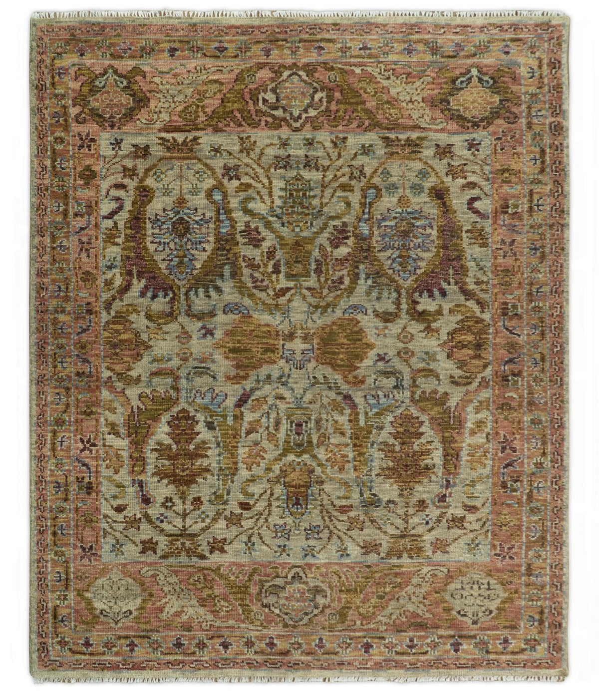 Custom Made Beige, Peach And Green Transition Hand Knotted wool rug.