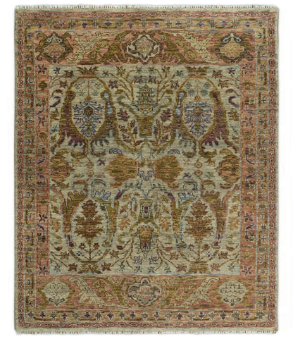Custom Made Beige, Peach And Green Transition Hand Knotted wool rug.