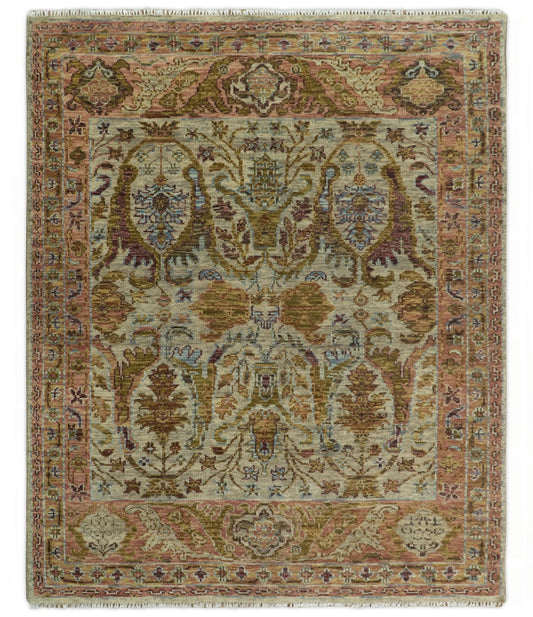 Custom Made Beige, Peach And Green Transition Hand Knotted wool rug.