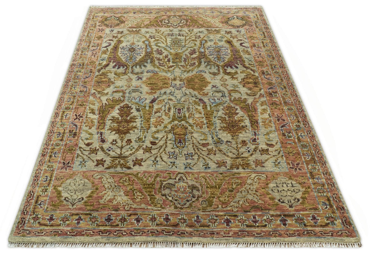 Custom Made Beige, Peach And Green Transition Hand Knotted wool rug.