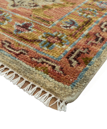 Custom Made Beige, Peach And Green Transition Hand Knotted wool rug.