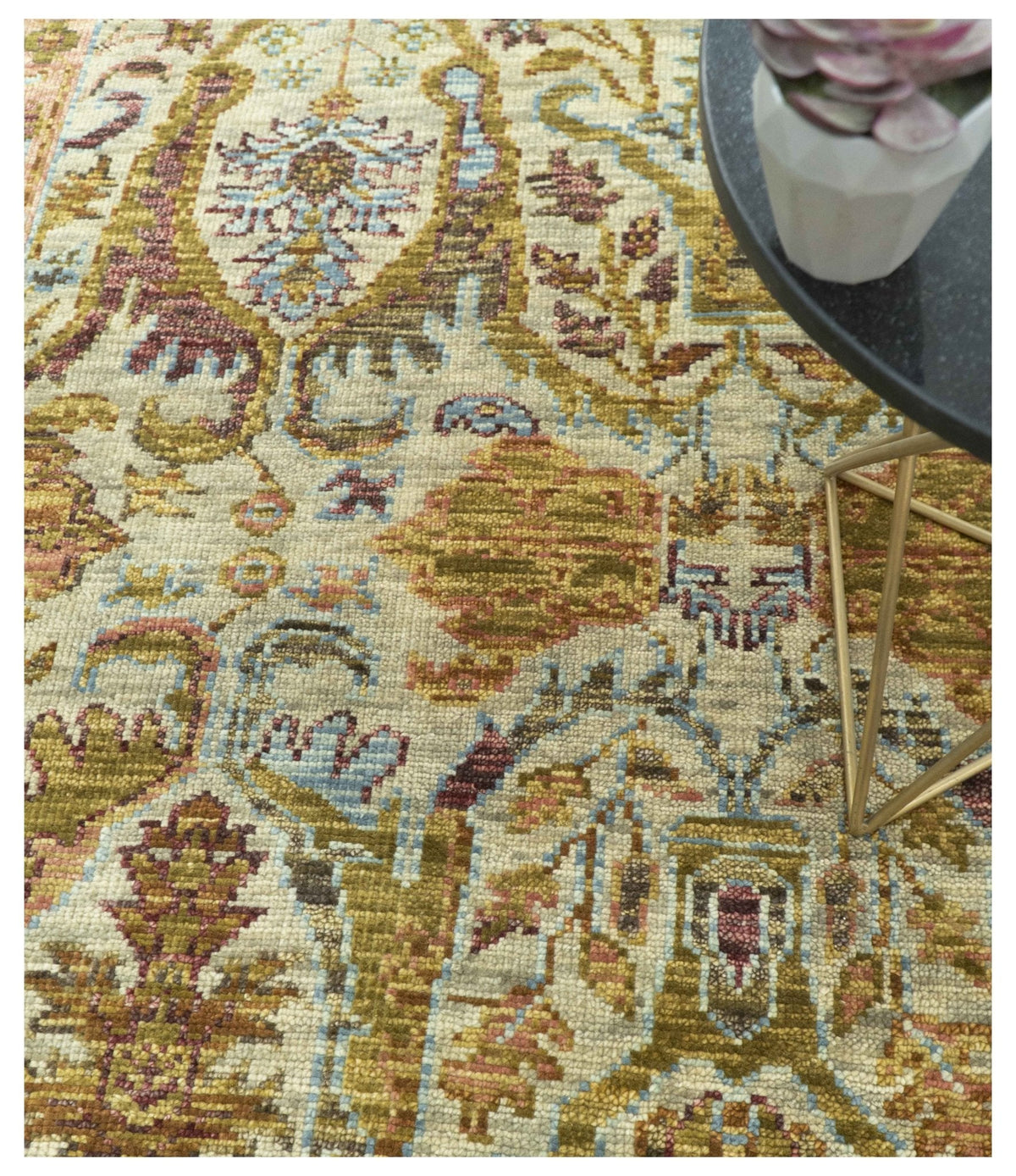 Custom Made Beige, Peach And Green Transition Hand Knotted wool rug.