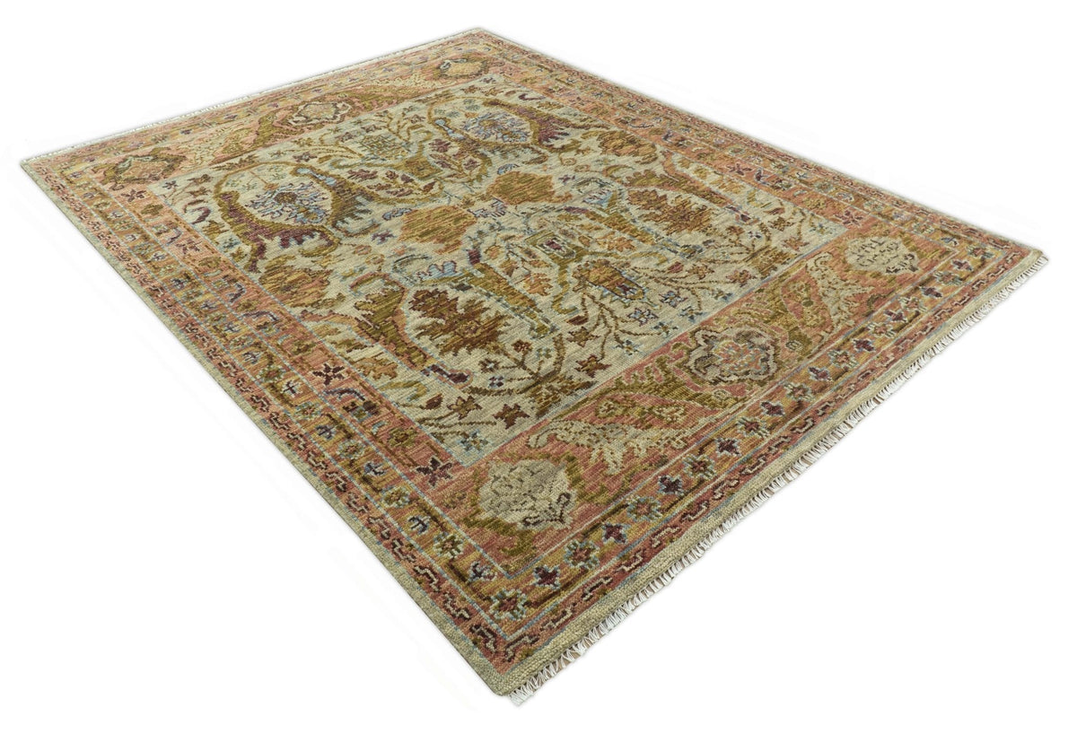 Custom Made Beige, Peach And Green Transition Hand Knotted wool rug.
