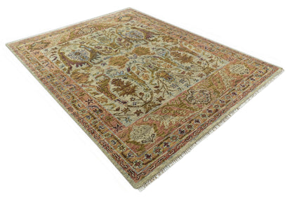 Custom Made Beige, Peach And Green Transition Hand Knotted wool rug.