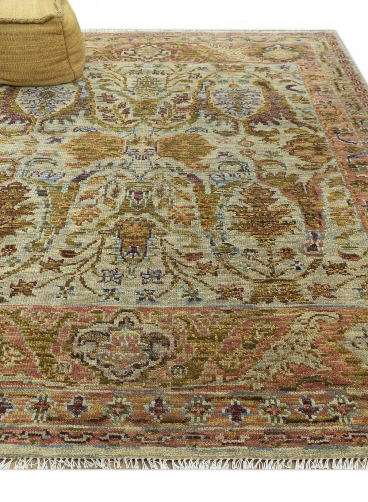 Custom Made Beige, Peach And Green Transition Hand Knotted wool rug.