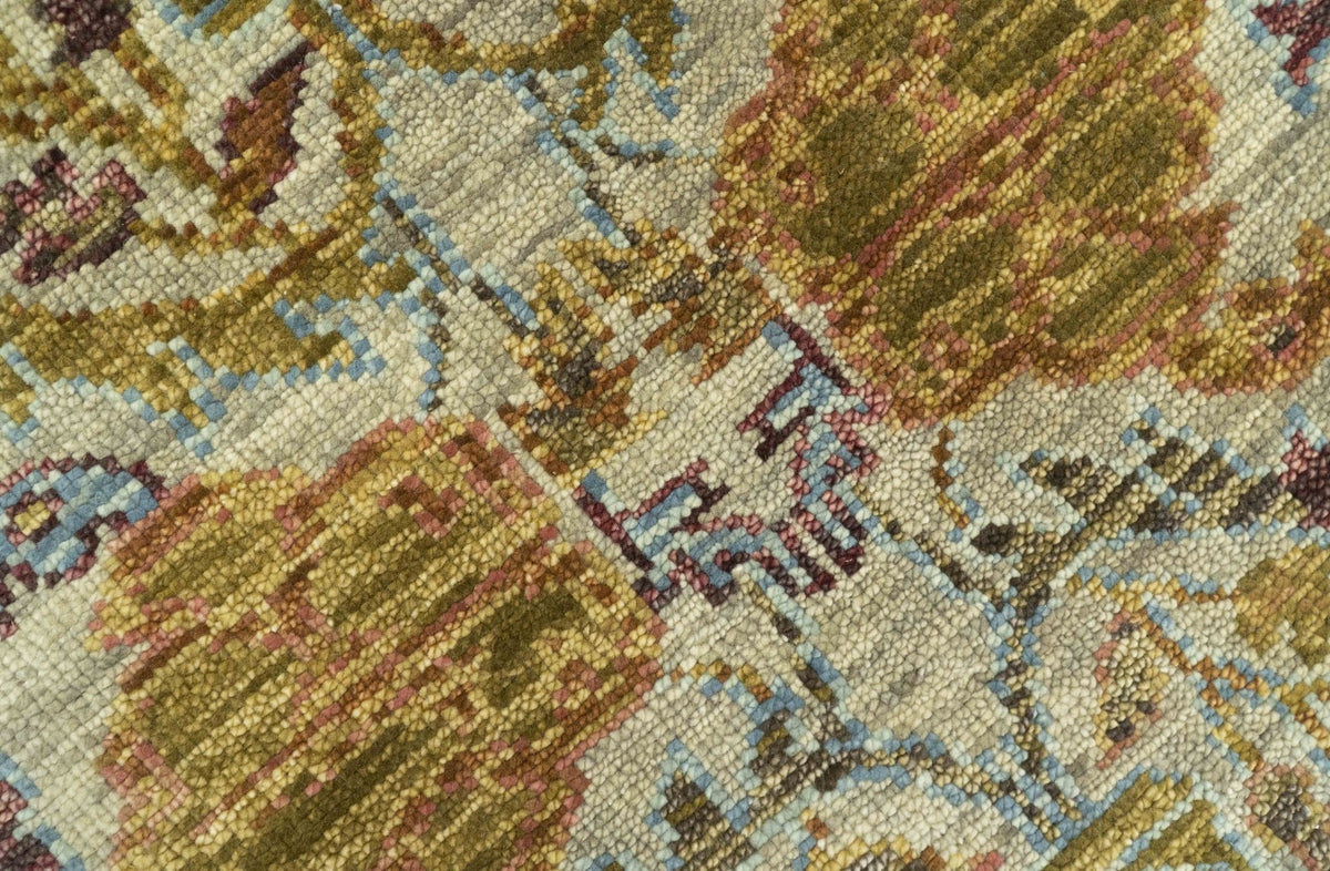 Custom Made Beige, Peach And Green Transition Hand Knotted wool rug.