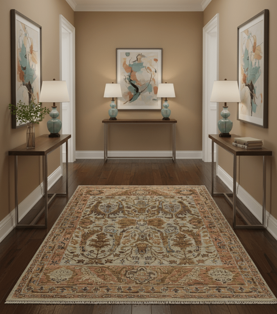 Custom Made Beige, Peach And Green Transition Hand Knotted wool rug.