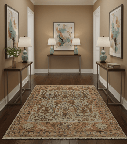 Custom Made Beige, Peach And Green Transition Hand Knotted wool rug.