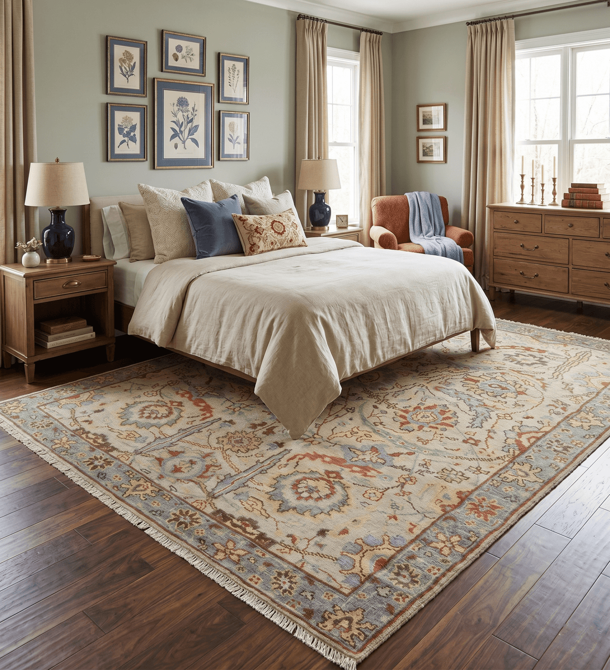 Custom Made Beige, Rust and Blue Traditional Style Hand Knotted Wool Area Rug.
