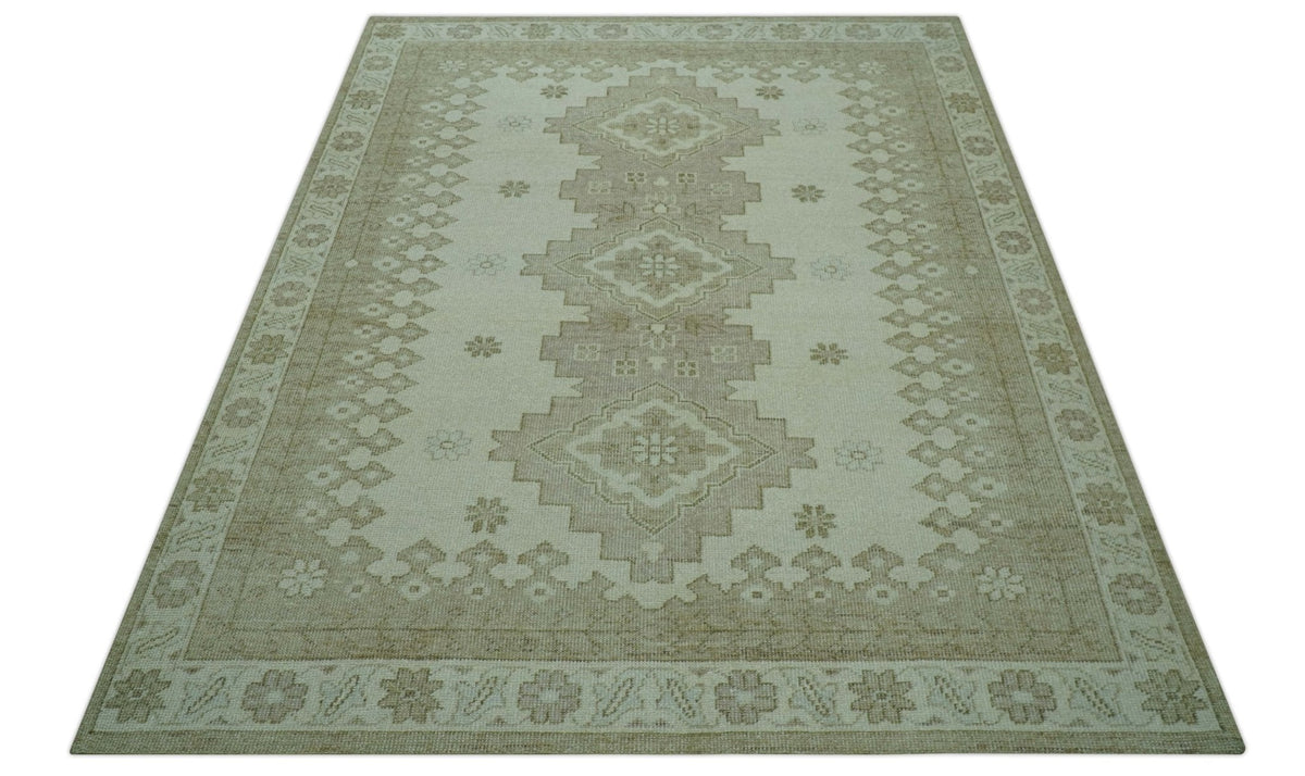 Custom Made Beige Traditional Turkish Design Hand knotted Wool Area Rug.