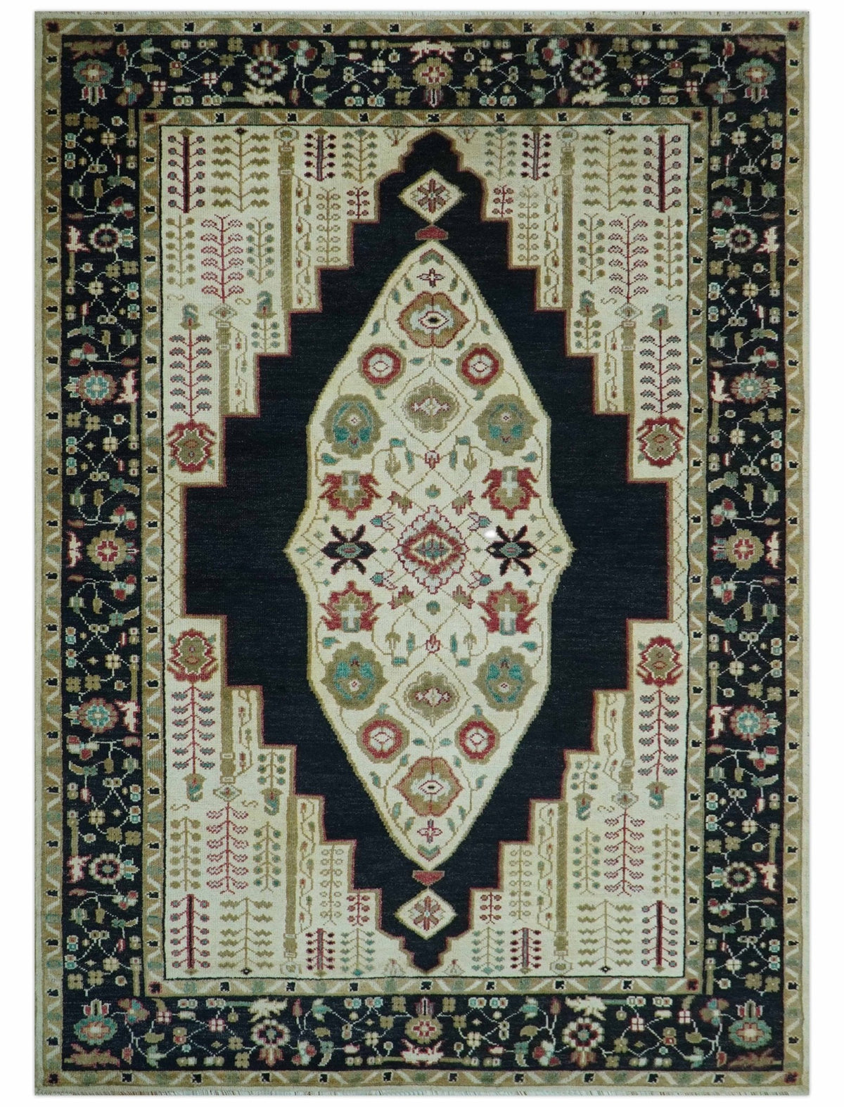 Custom Made Black And Ivory Traditional Serapi Design Hand Knotted Wool Rug.