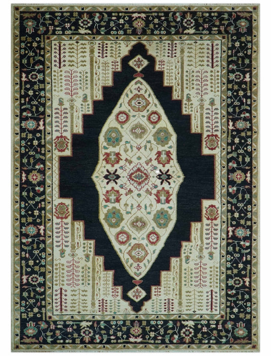 Custom Made Black And Ivory Traditional Serapi Design Hand Knotted Wool Rug.