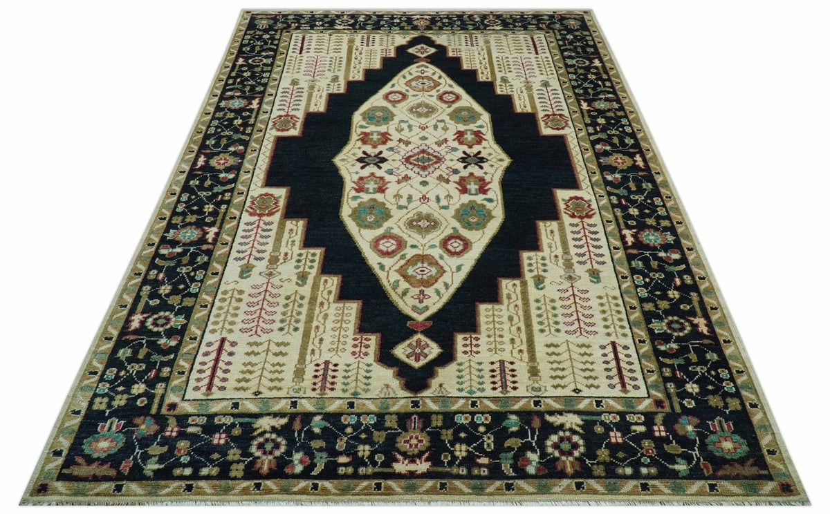 Custom Made Black And Ivory Traditional Serapi Design Hand Knotted Wool Rug.