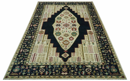 Custom Made Black And Ivory Traditional Serapi Design Hand Knotted Wool Rug.