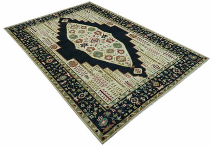 Custom Made Black And Ivory Traditional Serapi Design Hand Knotted Wool Rug.