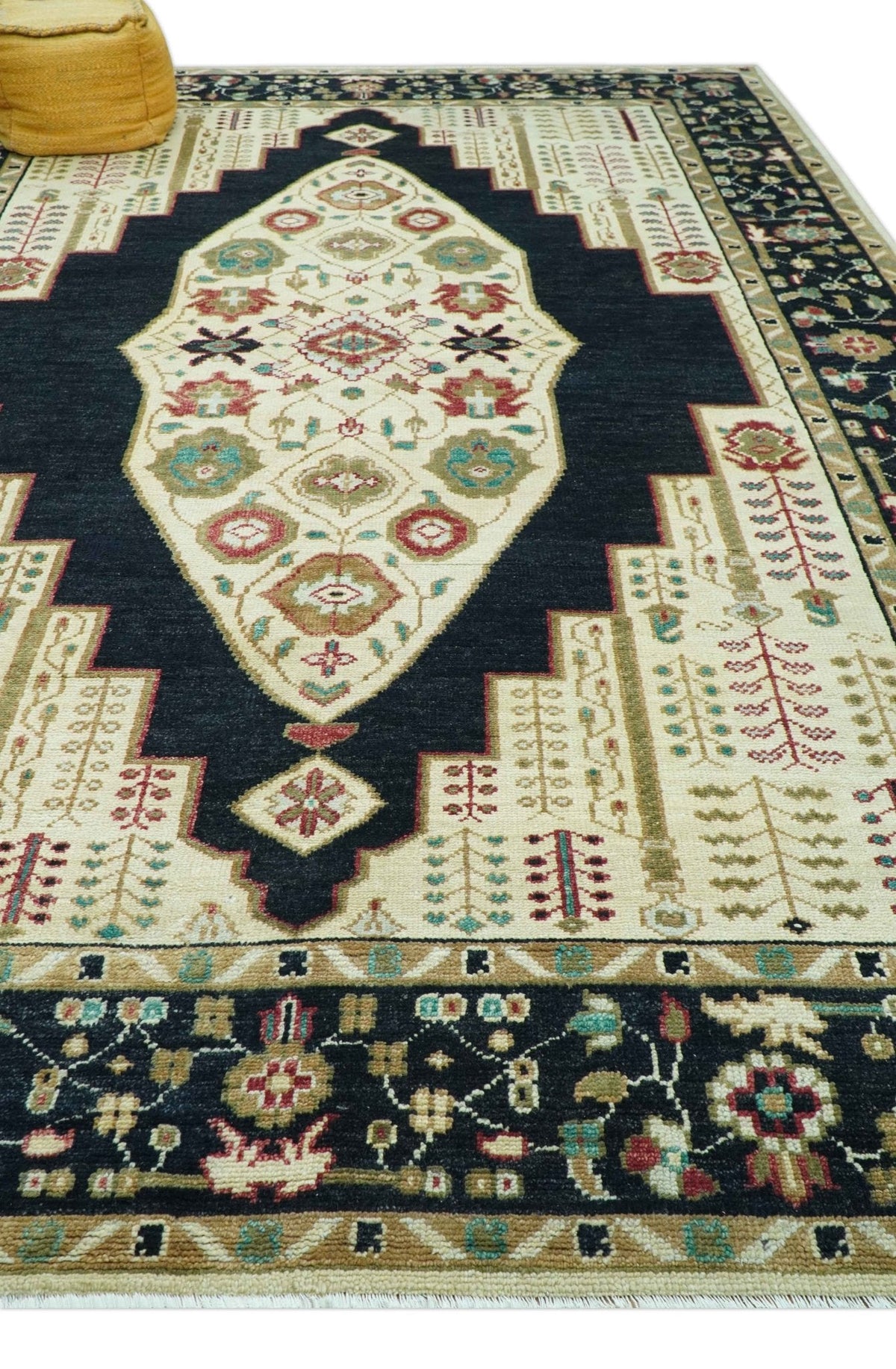 Custom Made Black And Ivory Traditional Serapi Design Hand Knotted Wool Rug.