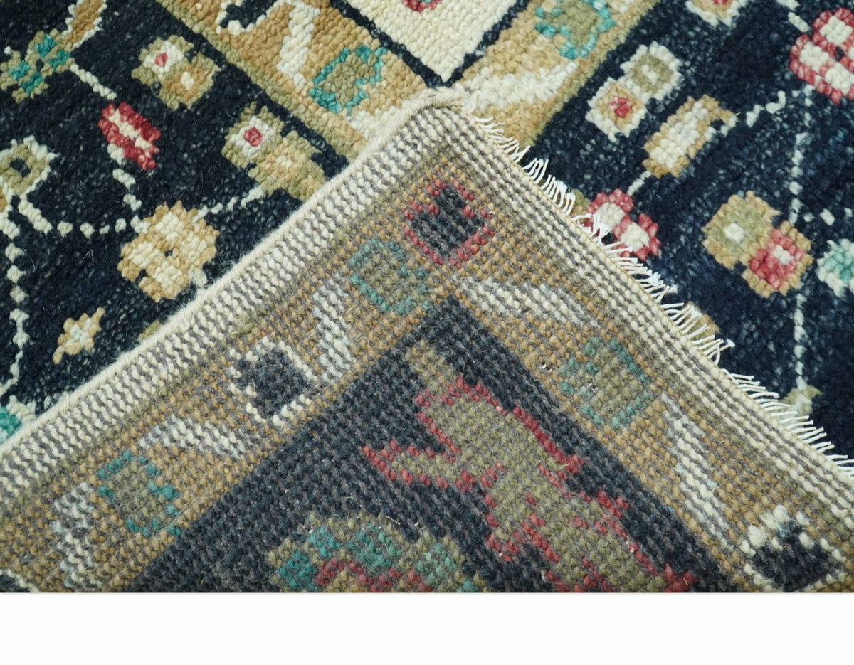 Custom Made Black And Ivory Traditional Serapi Design Hand Knotted Wool Rug.