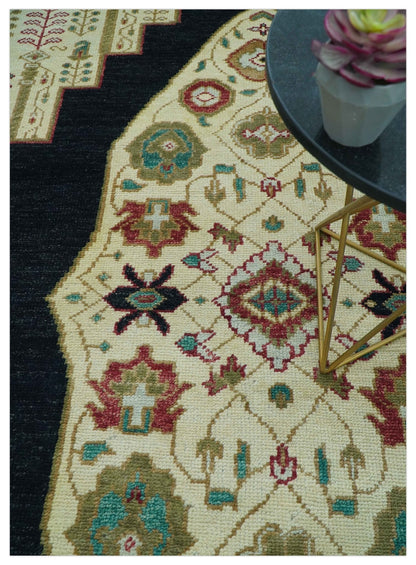 Custom Made Black And Ivory Traditional Serapi Design Hand Knotted Wool Rug.
