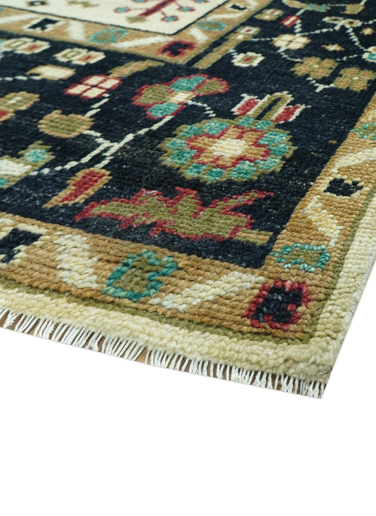 Custom Made Black And Ivory Traditional Serapi Design Hand Knotted Wool Rug.