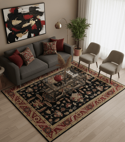 Custom Made Black, Rust, and Olive Traditional Oriental Hand Knotted Wool Area Rug.