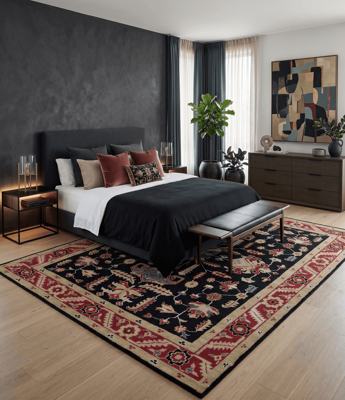 Custom Made Black, Rust, and Olive Traditional Oriental Hand Knotted Wool Area Rug.