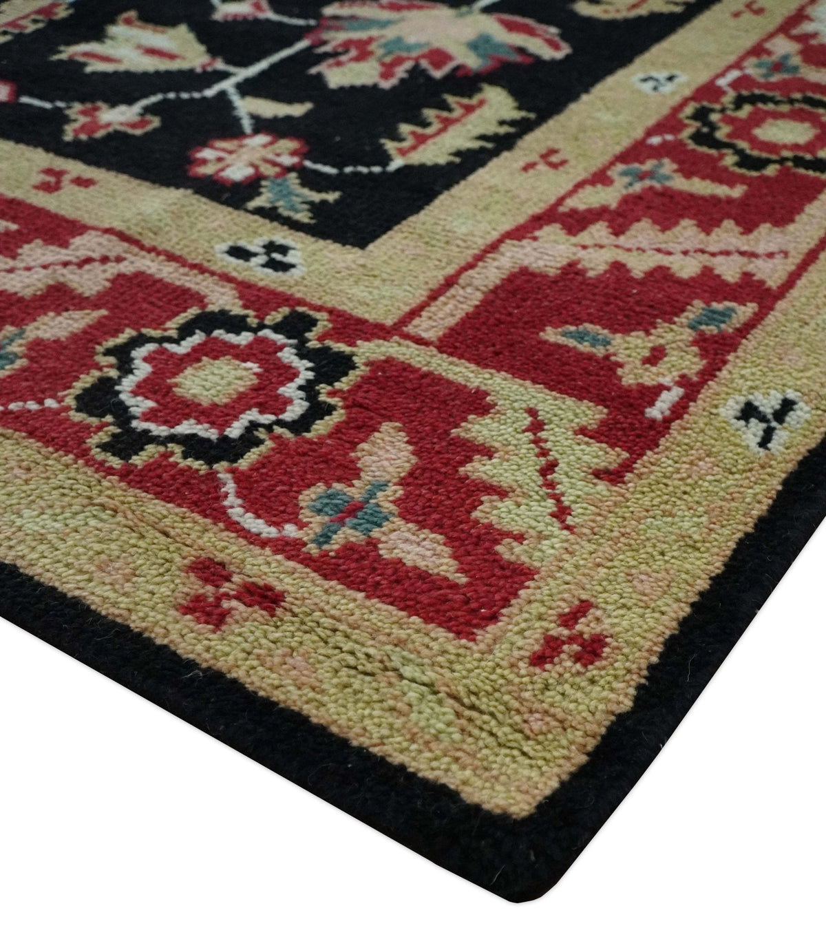 Custom Made Black, Rust, and Olive Traditional Oriental Hand Knotted Wool Area Rug.