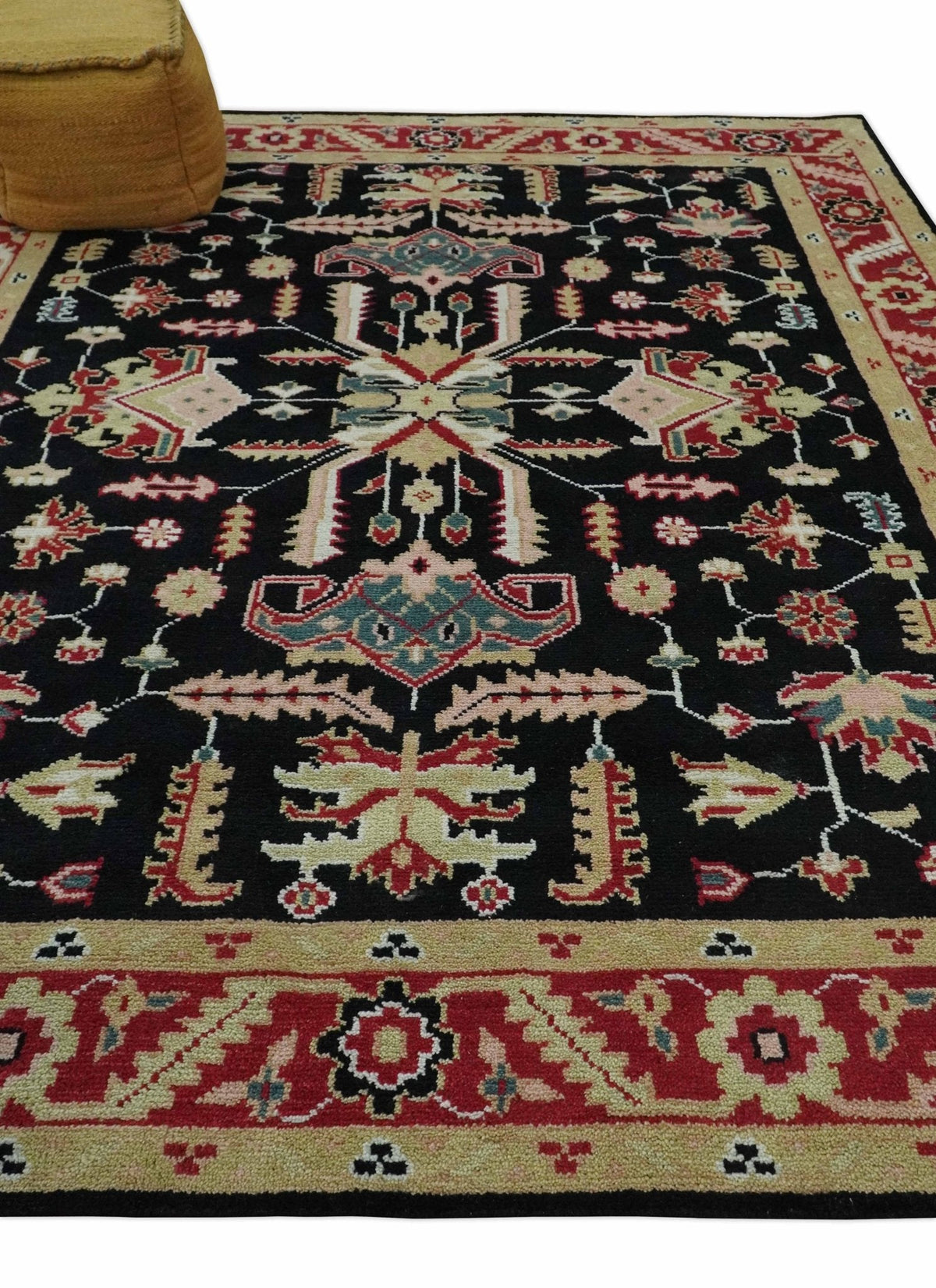Custom Made Black, Rust, and Olive Traditional Oriental Hand Knotted Wool Area Rug.