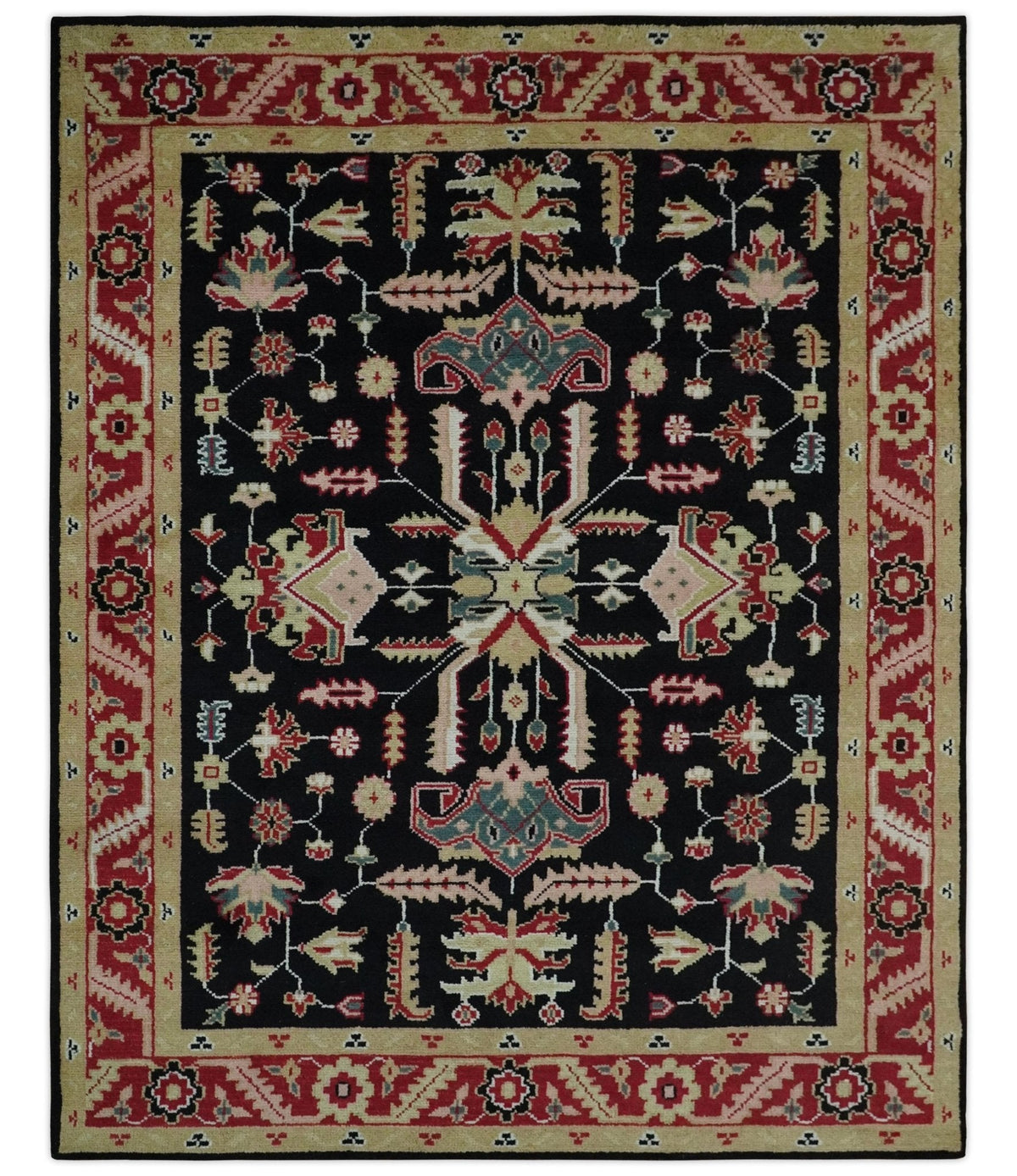 Custom Made Black, Rust, and Olive Traditional Oriental Hand Knotted Wool Area Rug.