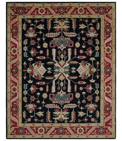 Custom Made Black, Rust, and Olive Traditional Oriental Hand Knotted Wool Area Rug.