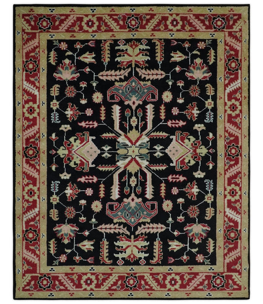 Custom Made Black, Rust, and Olive Traditional Oriental Hand Knotted Wool Area Rug.