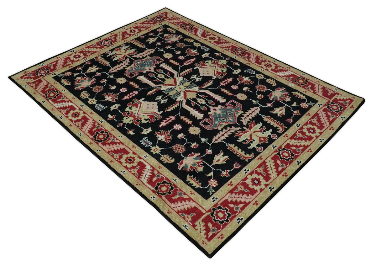 Custom Made Black, Rust, and Olive Traditional Oriental Hand Knotted Wool Area Rug.