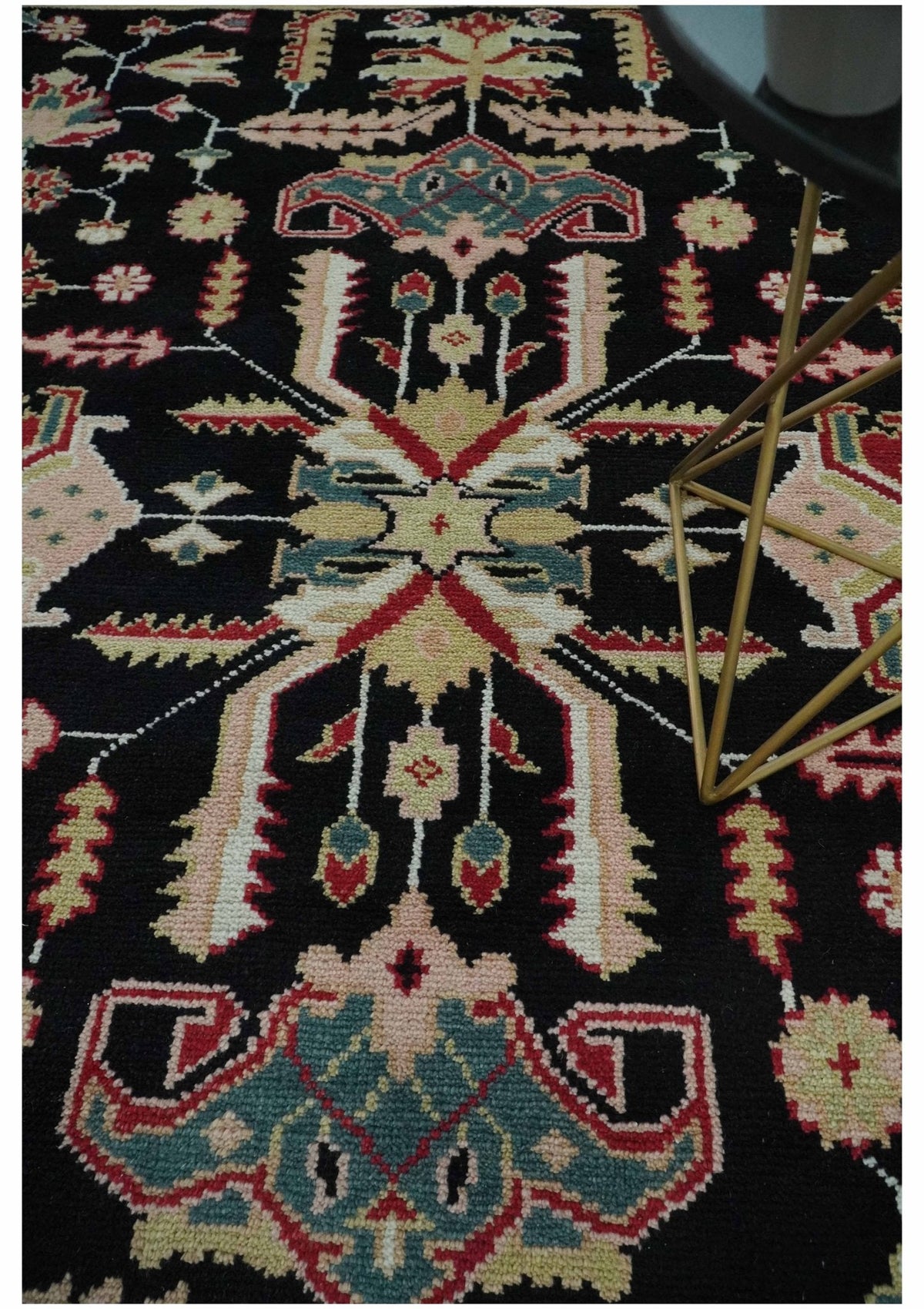 Custom Made Black, Rust, and Olive Traditional Oriental Hand Knotted Wool Area Rug.
