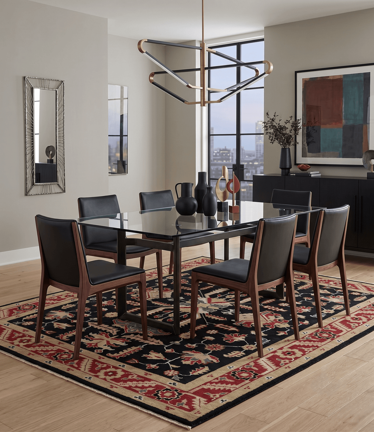 Custom Made Black, Rust, and Olive Traditional Oriental Hand Knotted Wool Area Rug.